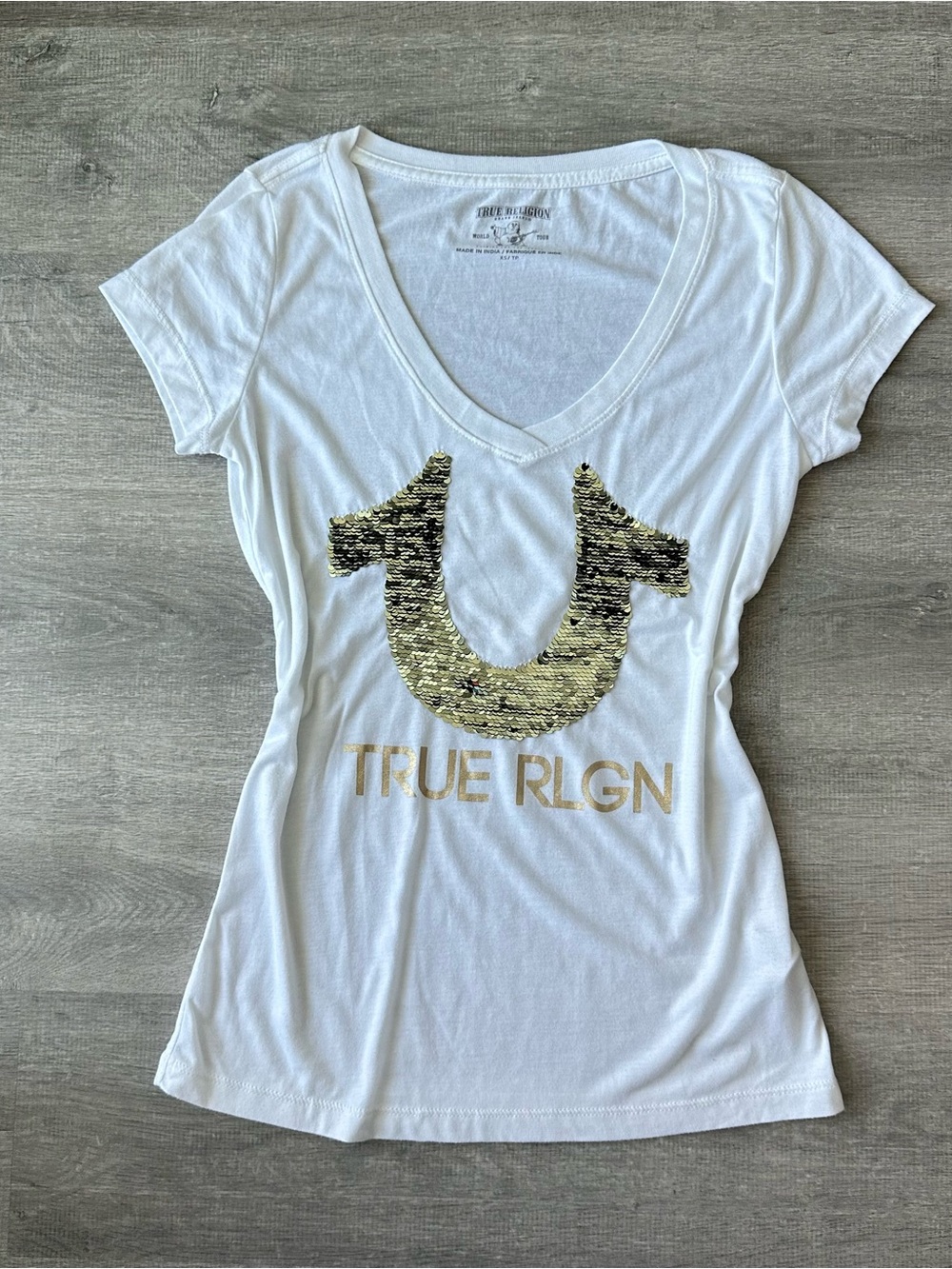 True Religion White V-Neck Tee with Gold Sequin Horseshoe